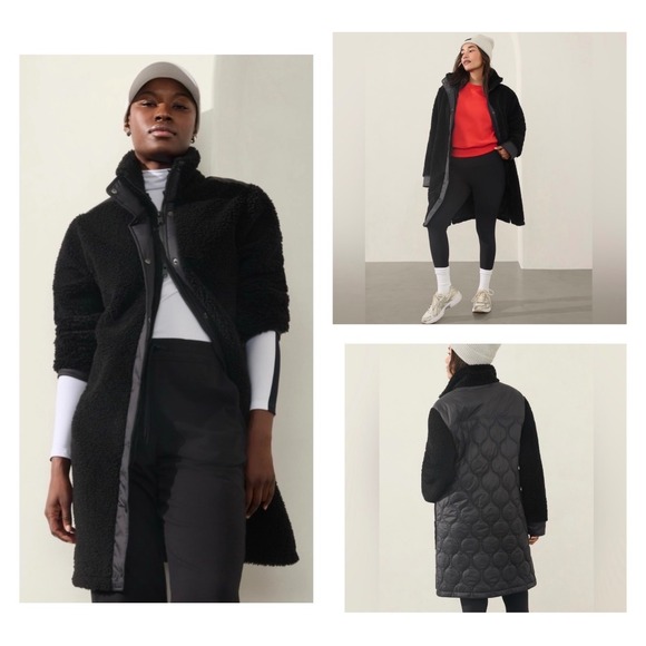 Athleta Jackets & Blazers - Athleta Fleece Hybrid Coat Black Sherpa Nylon Quilted Longline Funnel Neck Large